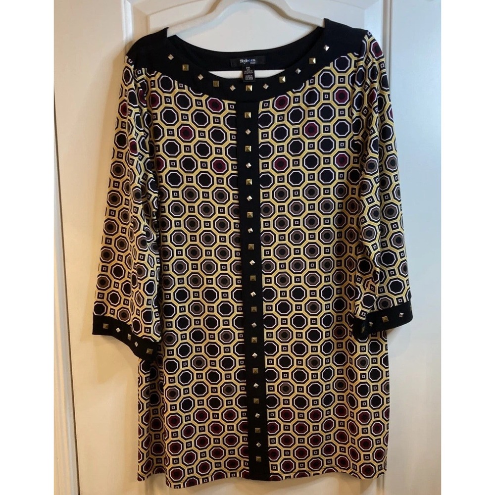 Style & Co. Women's Petite XL Geometric Design Tunic 3/4 Sleeves Metal Accents